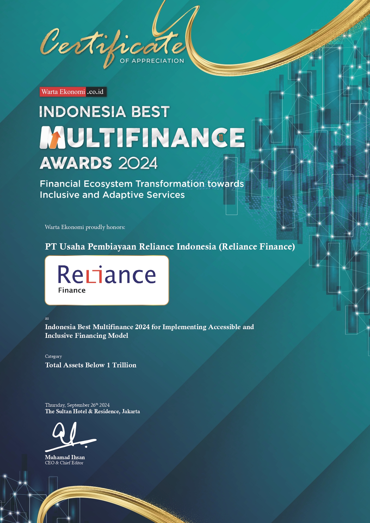 Indonesia Best Mutifinance 2024 for implementing accesible and inclusive financing model (asset below 1 trillion) by Warta Ekonomi